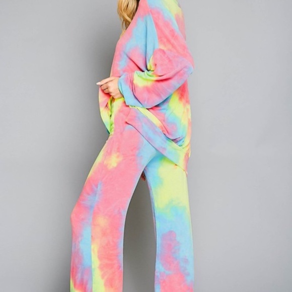 Boho Tie dye Neon pink lounge pants wide leg - Picture 4 of 7